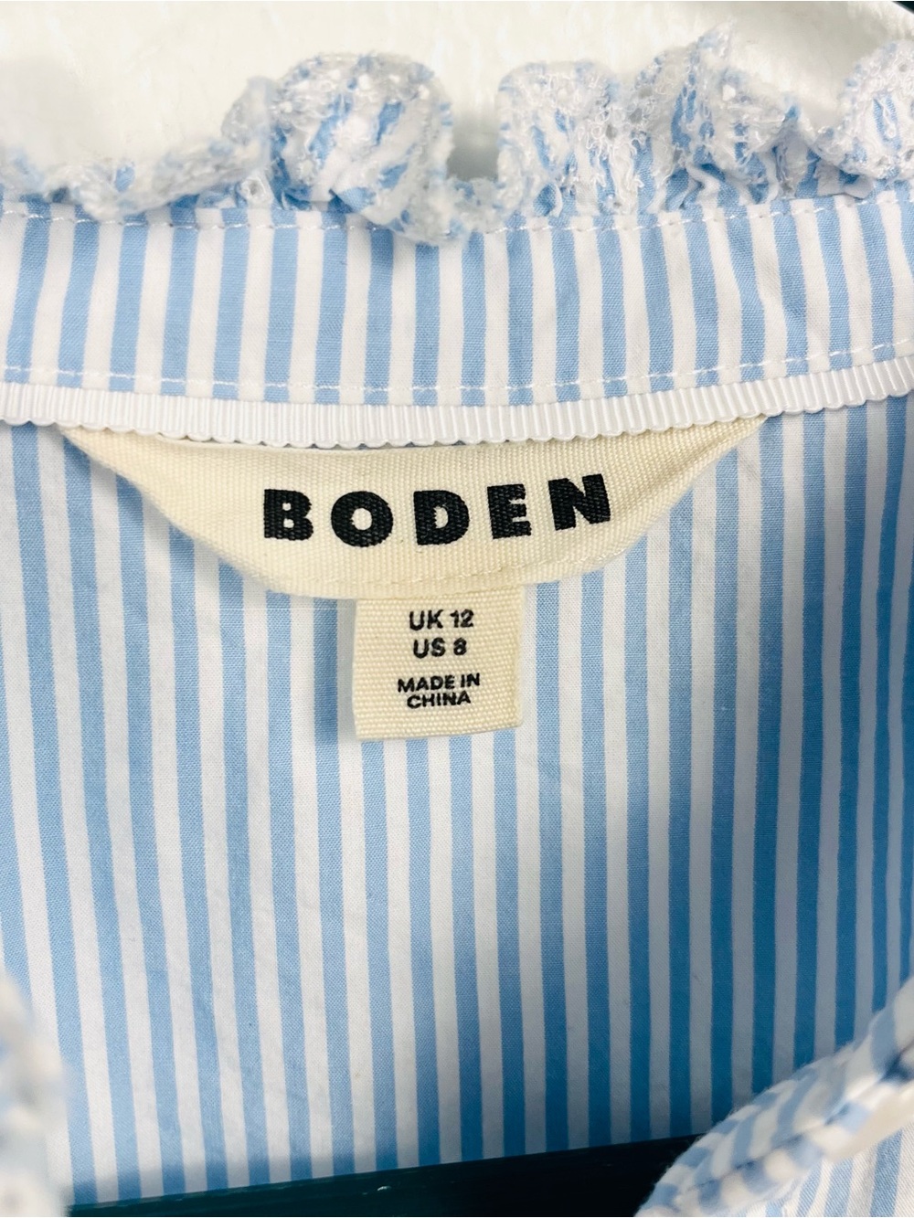 Boden Blue & White Pinstripe Ruffle Eyelet Button-Down Phoebe Blouse Top Size 8 - Picture 5 of 7